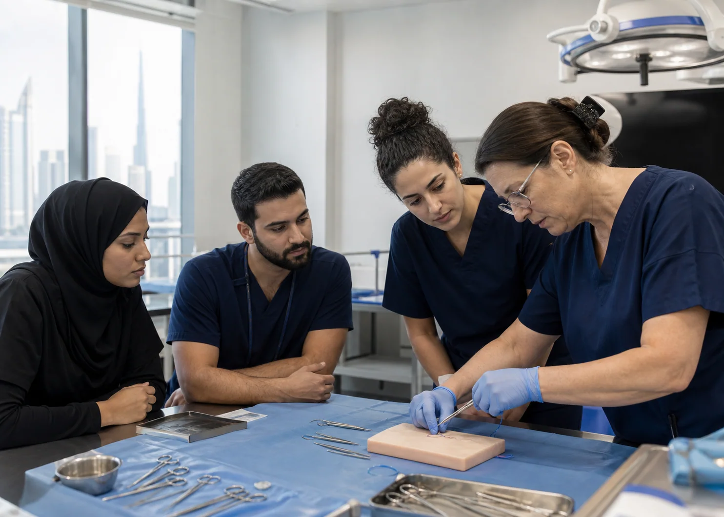 Multidisciplinary group of healthcare students and professionals practising a clinical skill together
